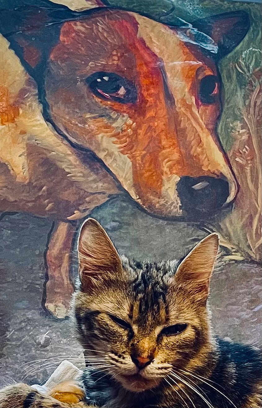 Tuna joined the competition — help win amazing prizes! cat, tabby_cat, painting, dog_painting, animal, portrait, close_up, feline, artwork, background, indoor, whiskers, ears, expression, texture, wall_art, pet, muzzle, squinting, face
