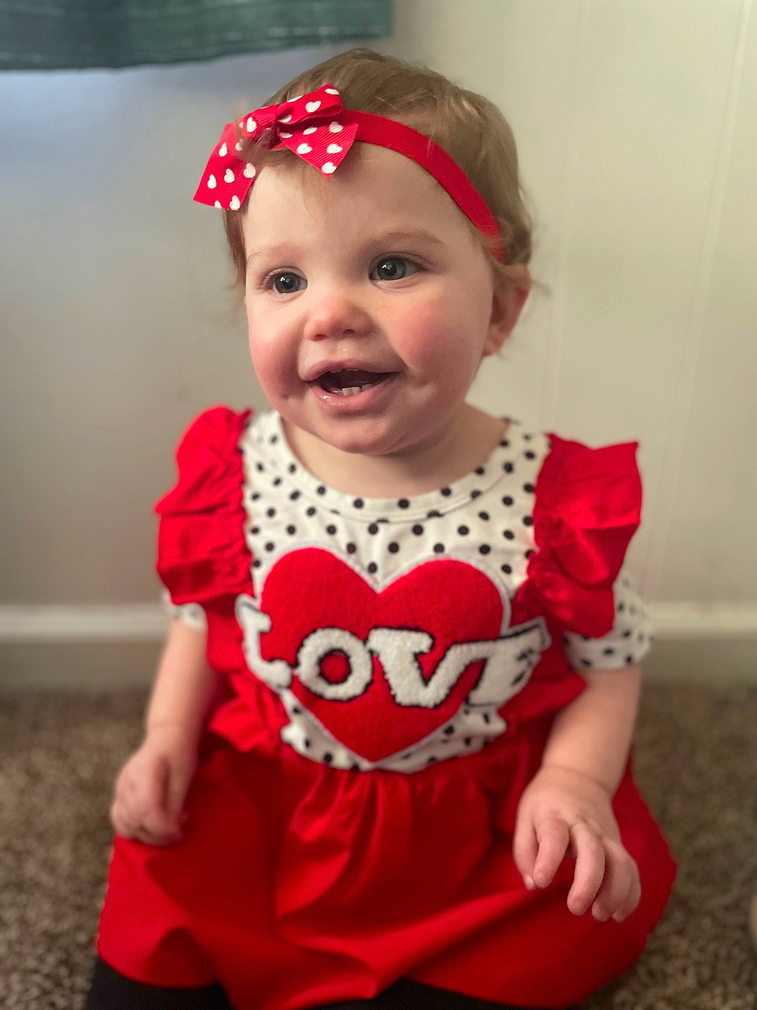 Peggy joined the competition — help win amazing prizes! baby, baby_toddler_clothing, cap, child, costume_hat, dress, eye, fashion_accessory, happy, head, headband, headwear, human_body, magenta, pattern, person, pink, skin, sleeve, smile