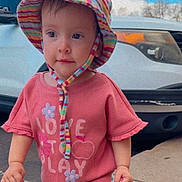 Mía Paulette joined the competition — help win amazing prizes! car, casual_clothing, child, curious, cute, daylight, flowers, hat, headwear, innocence, outdoor, person, pink_shirt, portrait, smiling, standing, striped_hat, toddler, vehicle, young_child