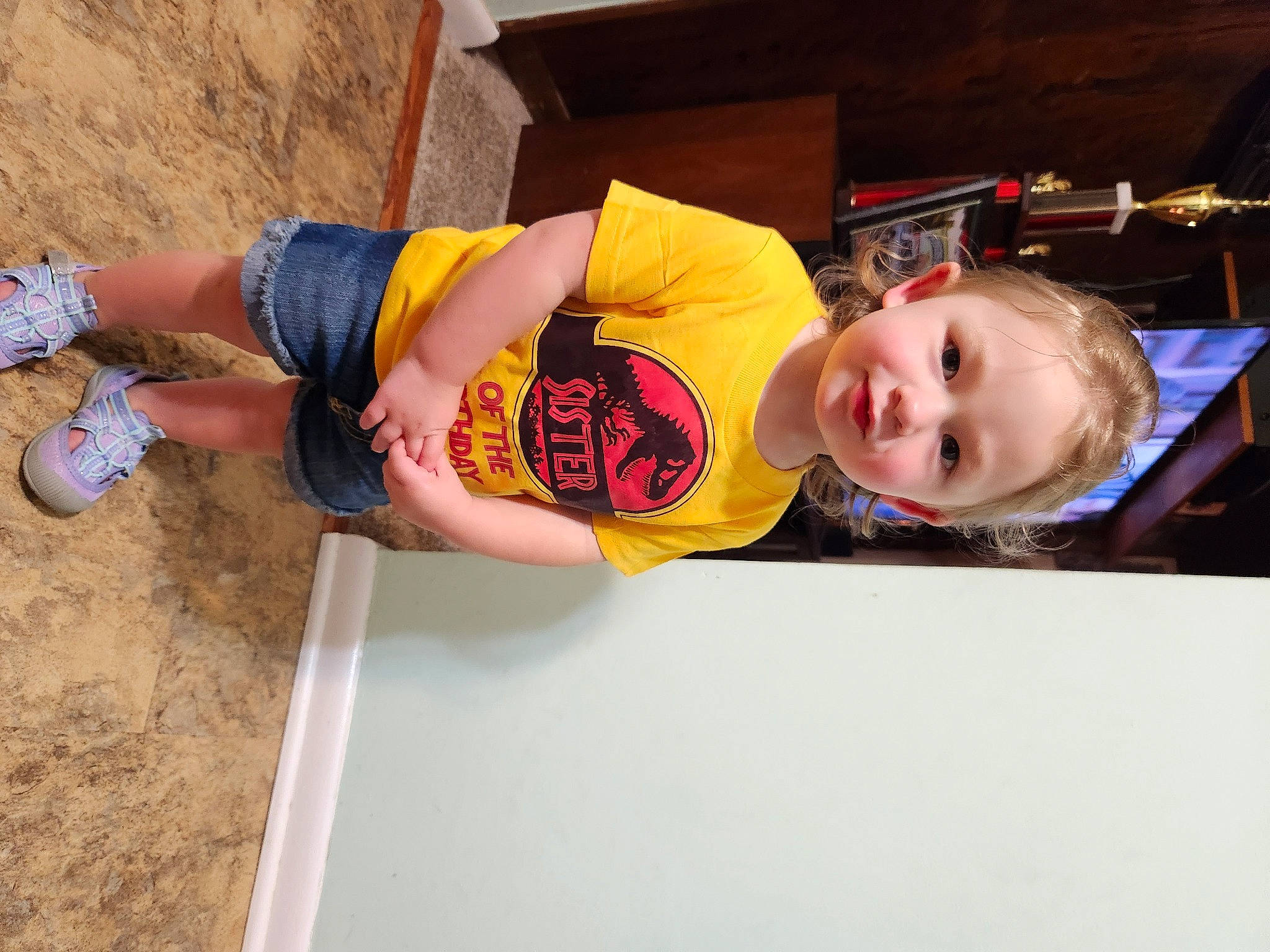 Darla joined the competition — help win amazing prizes! baby_toddler_clothing, child, electric_blue, fun, happy, hat, human_leg, leisure, person, smile, t_shirt, thigh, toddler, vacation, window, wrist