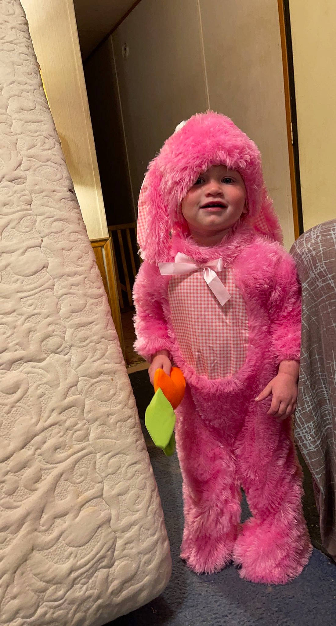 Kylee is registered to the contest to win money with this photo: art, beanie, comfort, costume, fur, headwear, linens, magenta, pattern, person, pink, plush, purple, room, smile, stuffed_toy, textile, toy, violet, wig