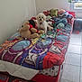 Puffy a rejoint le concours — aidez-le/la à gagner de superbes lots ! dog, small_dog, bed, race_car_bed, stuffed_toy, plush_toy, toys, blanket, colorful_bedspread, pillow, curtain, window, tile_floor, childs_room, red_bedframe, sitting, indoor, pet, cozy, nursery