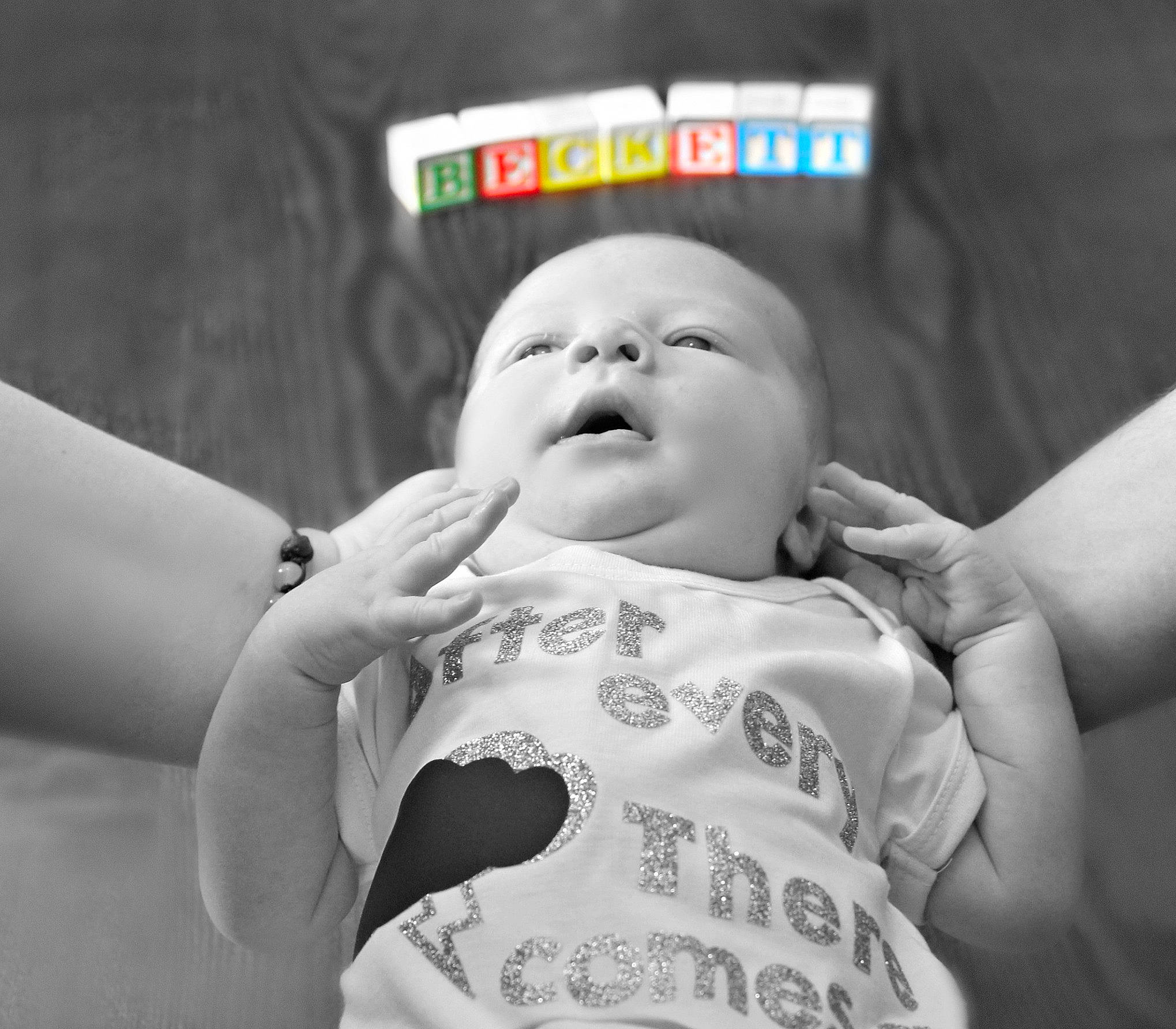 Beckett joined the competition — help win amazing prizes! arm, baby, black_and_white, child, eye, finger, gesture, hand, happy, monochrome, person, photograph, photography, product, smile, snapshot, style, toddler