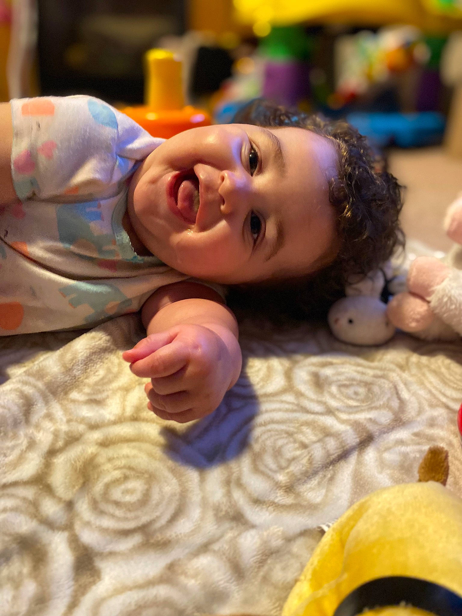 Brynlee Rose joined the competition — help win amazing prizes! baby, cheek, child, flooring, fun, happy, leisure, linens, mammal, mouth, nose, person, photograph, play, room, skin, smile, toddler, toy, wood