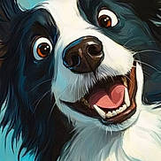 Coco is registered to the contest to win money with this photo: dog, cartoon, illustration, black_and_white, happy, smiling, tongue, fur, ears, portrait, close_up, animated, painting, expression, artwork, animal, canine, large_eyes, teeth, nose