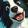 dog, cartoon, illustration, black_and_white, happy, smiling, tongue, fur, ears, portrait, close_up, animated, painting, expression, artwork, animal, canine, large_eyes, teeth, nose