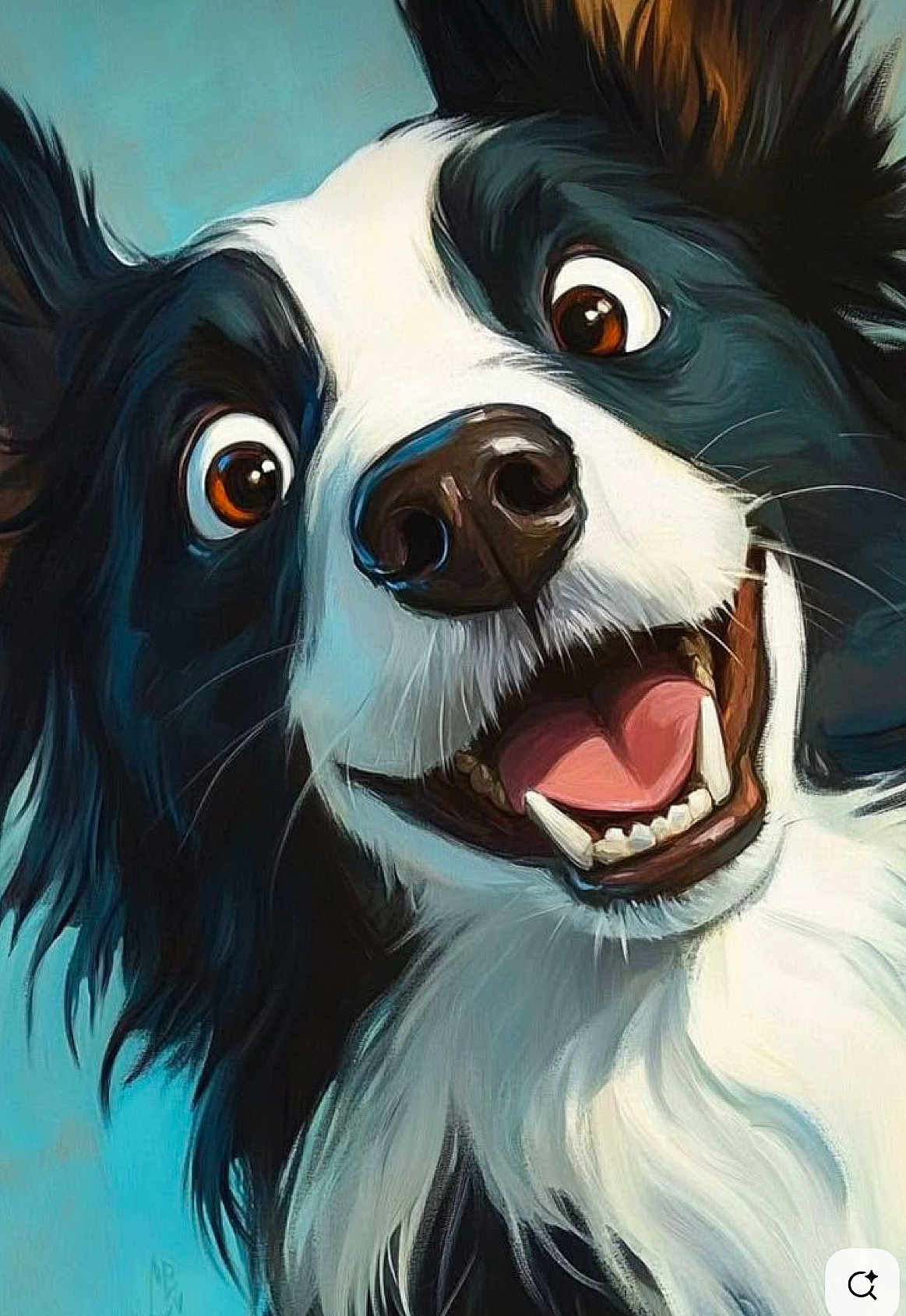 Coco is registered to the contest to win money with this photo: dog, cartoon, illustration, black_and_white, happy, smiling, tongue, fur, ears, portrait, close_up, animated, painting, expression, artwork, animal, canine, large_eyes, teeth, nose