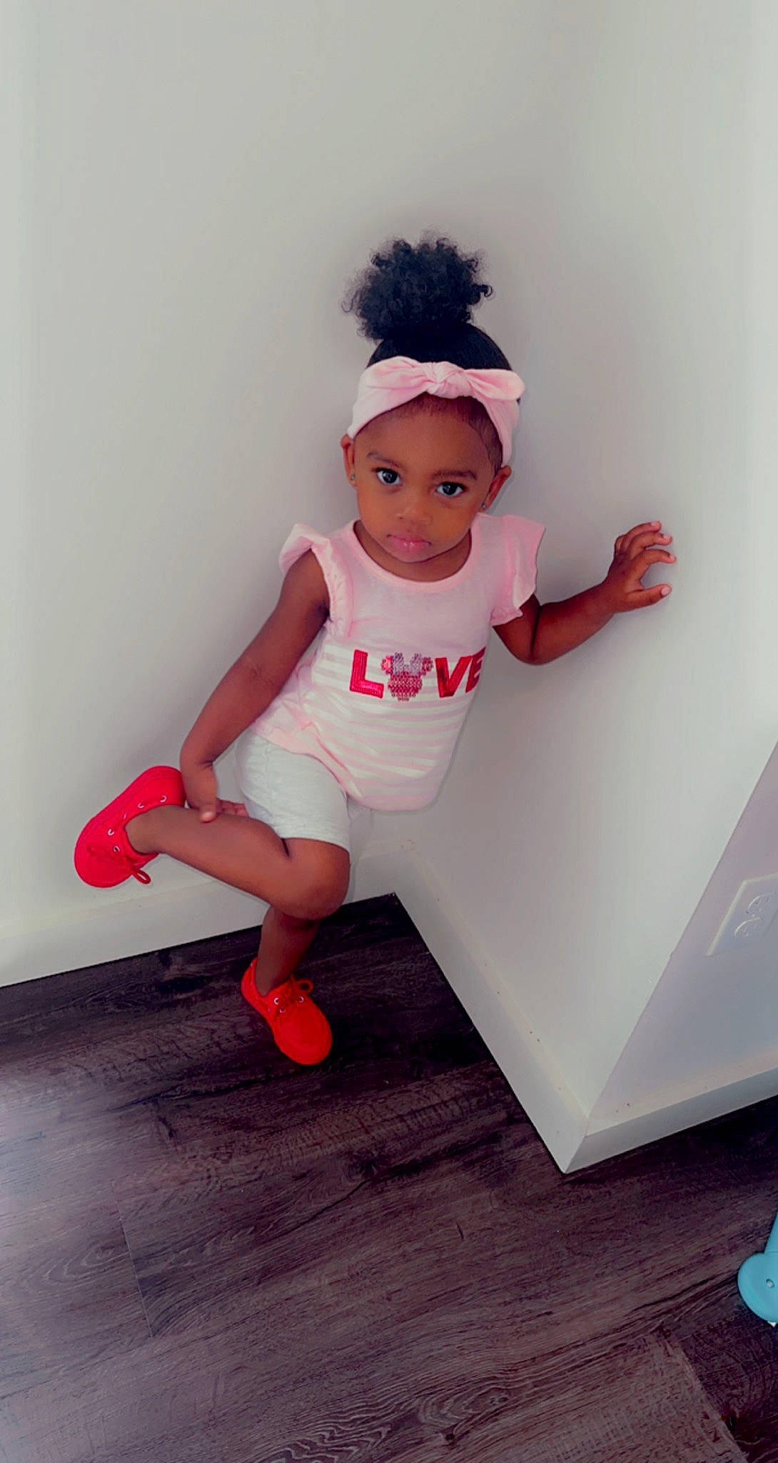 Jmaris joined the competition — help win amazing prizes! baby, baby_toddler_clothing, cap, face, floor, flooring, happy, hat, headwear, human_leg, knee, leg, person, pink, shorts, sleeve, sock, sportswear, t_shirt, thigh