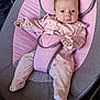 Alexis-Paige joined the competition — help win amazing prizes! baby, infant, child, pink, onesie, floral_pattern, baby_seat, gray, cushion, face, blue_eyes, hand, footed_pajamas, indoors, young_child, portrait, comfortable, cute, soft_fabric, resting