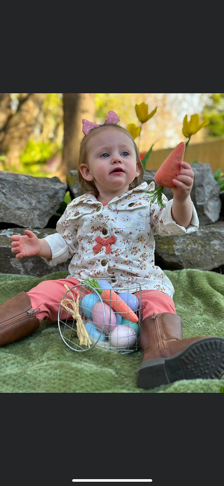 Ensley joined the competition — help win amazing prizes! baby, baby_toddler_clothing, child, eye, fun, grass, happy, leaf, leisure, pattern, people_in_nature, person, pink, plant, play, recreation, sitting, skin, toddler, tree