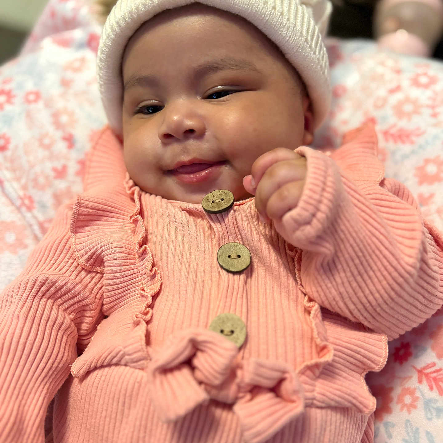 Aryiah joined the competition — help win amazing prizes! baby, beanie, bodypart, bonnet, cap, clothing, couch, face, finger, furniture, hand, happy, hat, head, knitwear, newborn, person, photography, portrait, sweater