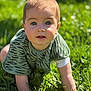baby, child, grass, outdoor, sunlight, crawling, green, bib, face, eyes, skin, nature, young, person, infant, toddler, cute, portrait, daylight, expression