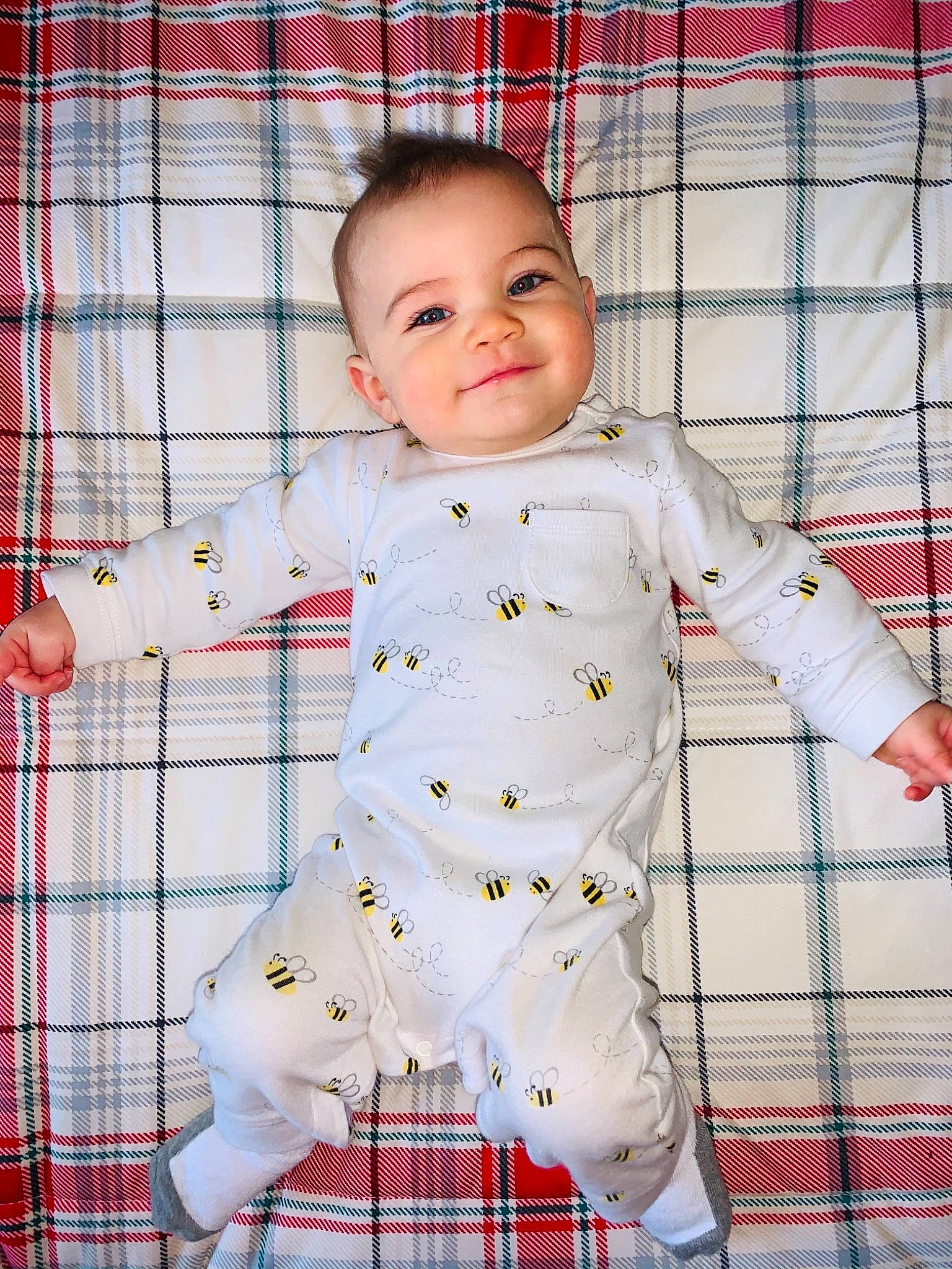 Camdyn is registered to the contest to win money with this photo: baby, baby_safety, baby_toddler_clothing, child, collar, comfort, dress_shirt, eye, face, happy, head, joy, linens, pattern, person, plaid, sleeve, smile, tartan, textile