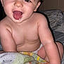 baby, child, tongue, drool, blanket, diaper, skin, smile, happy, face, hand, bed, indoor, cute, infant, expression, person, young, closeup, comfort