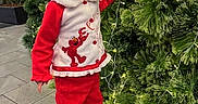 Nayleen is registered to the contest to win money with this photo: child, toddler, girl, christmas, christmas_tree, ornament, reindeer, red_outfit, festive, holiday, portrait, standing, indoors, decoration, evergreen, bauble, silver_ornament, warm_lighting, smiling, family_friendly