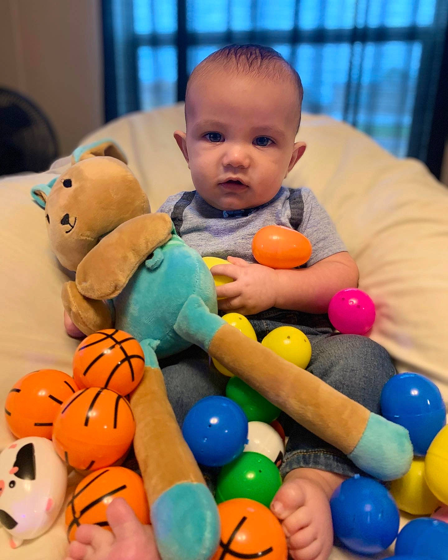Graysen joined the competition — help win amazing prizes! baby, child, comfort, event, fun, happy, leisure, nail, orange, people, person, plastic, product, room, snapshot, stuffed_toy, teddy_bear, toddler, toy, wood