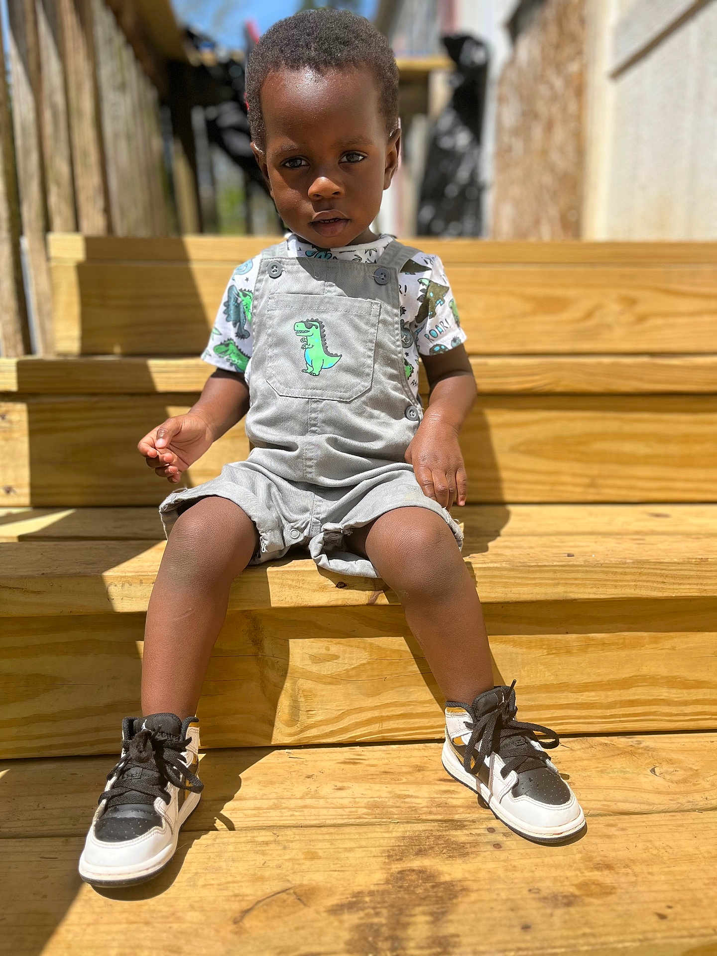 Messiah joined the competition — help win amazing prizes! toddler, child, boy, overalls, dinosaur, shirt, sneakers, shoes, wooden_steps, outdoor, daylight, sunlight, casual_clothing, portrait, expression, person, young_child, fashion, summer, seated