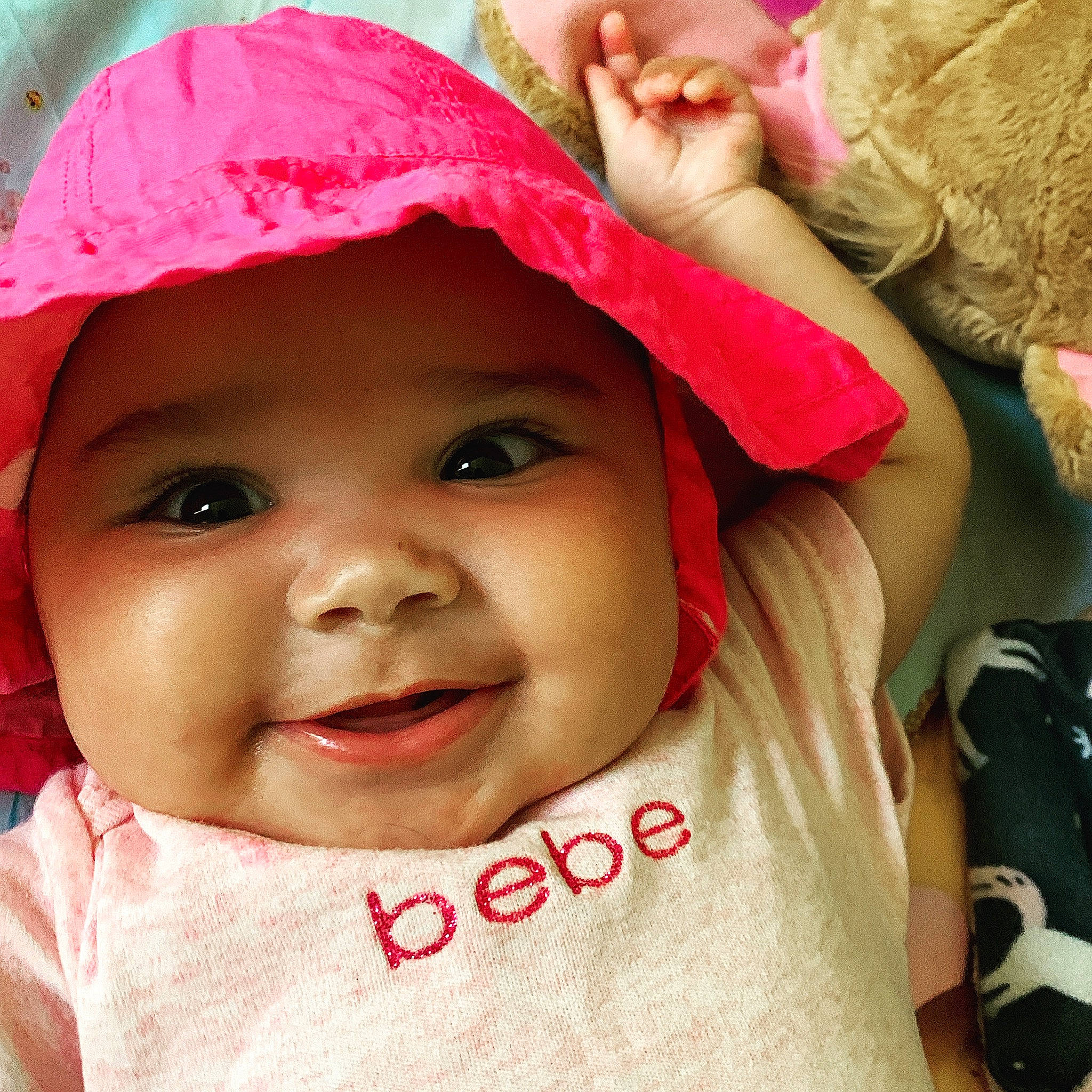 Kahlanï joined the competition — help win amazing prizes! baby, cap, cheek, chin, cool, eye, eyebrow, face, happy, hat, head, headgear, headwear, joy, lip, mouth, nose, person, pink, red