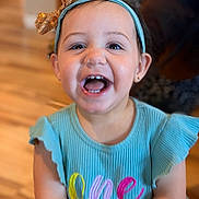 Charlie joined the competition — help win amazing prizes! toddler, child, smiling, happy, headband, bow, clothing, blue, portrait, indoors, floor, face, teeth, person, baby, cute, celebration, birthday, young_child, ribbed_fabric