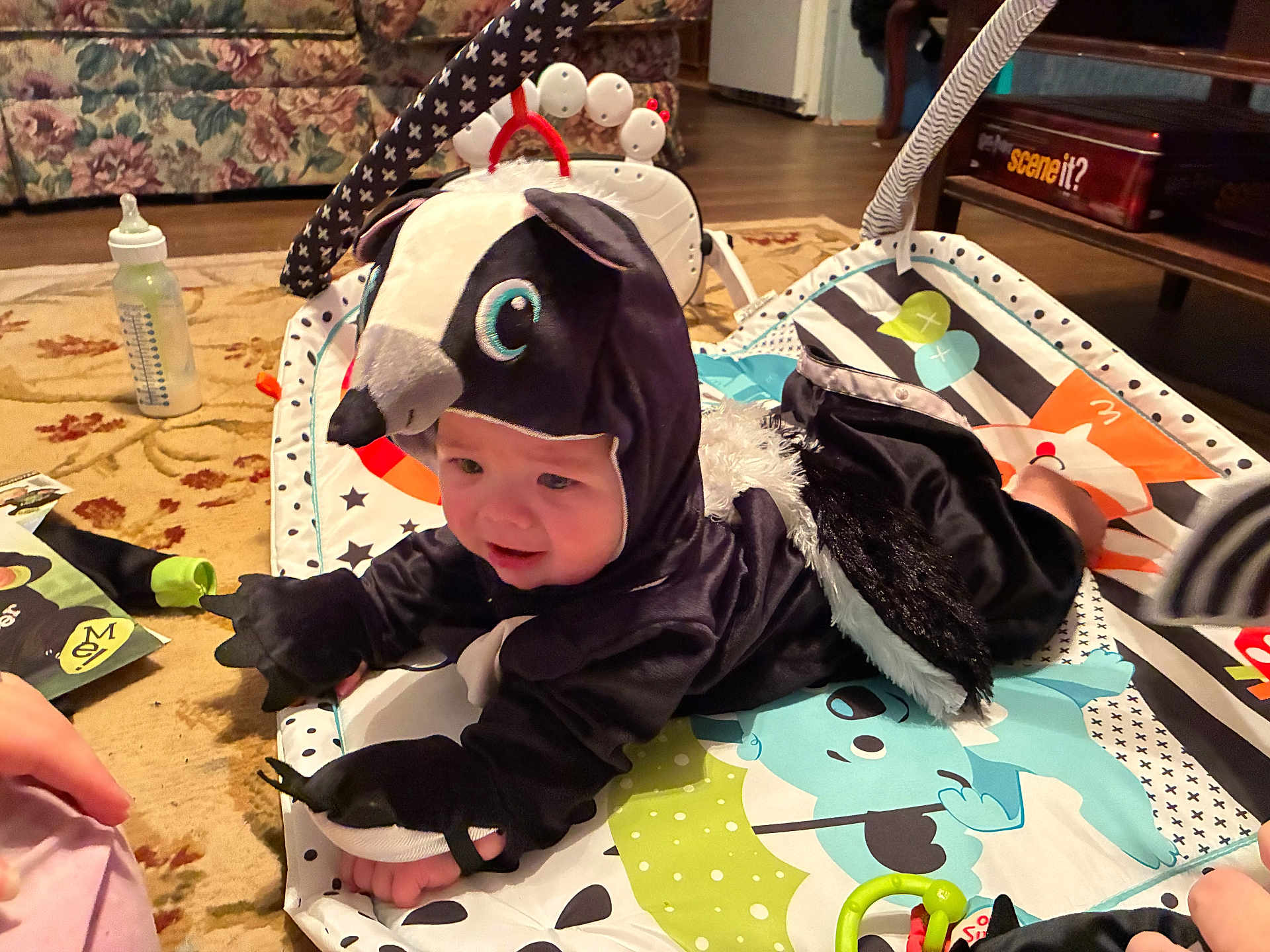 Levi joined the competition — help win amazing prizes! baby, child, costume, skunk_costume, play_mat, toy, floor, carpet, bottle, indoor, living_room, furniture, person, cute, infant, black_clothing, smiling, face, hand, feet