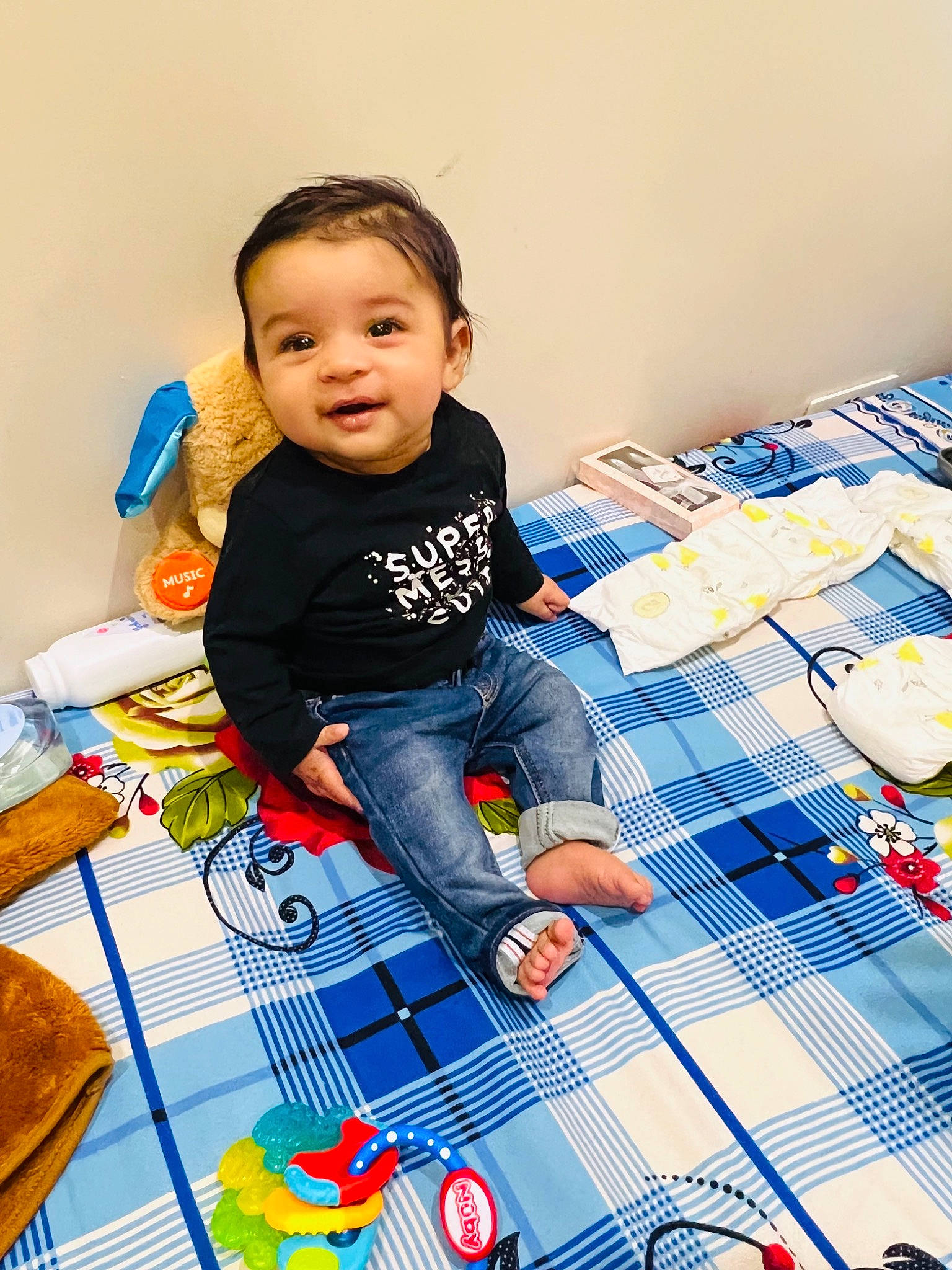 Avi joined the competition — help win amazing prizes! art, baby, blue, child, electric_blue, flooring, fun, games, happy, indoor_games_and_sports, leisure, linens, pattern, person, plaid, play, recreation, room, t_shirt, toddler