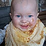 Oliver joined the competition — help win amazing prizes! baby, blue_eyes, bib, food_stains, high_chair, smiling, messy, face, child, indoor, wallpaper, happy, infant, clothing, person, cute, feeding, mess, head, cheerful