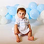 toddler, child, baby, blue_balloons, white_balloons, dress, sitting, curious, studio, portrait, innocent, cute, young_child, light_background, happy, small_feet, short_hair, indoor, smile, face
