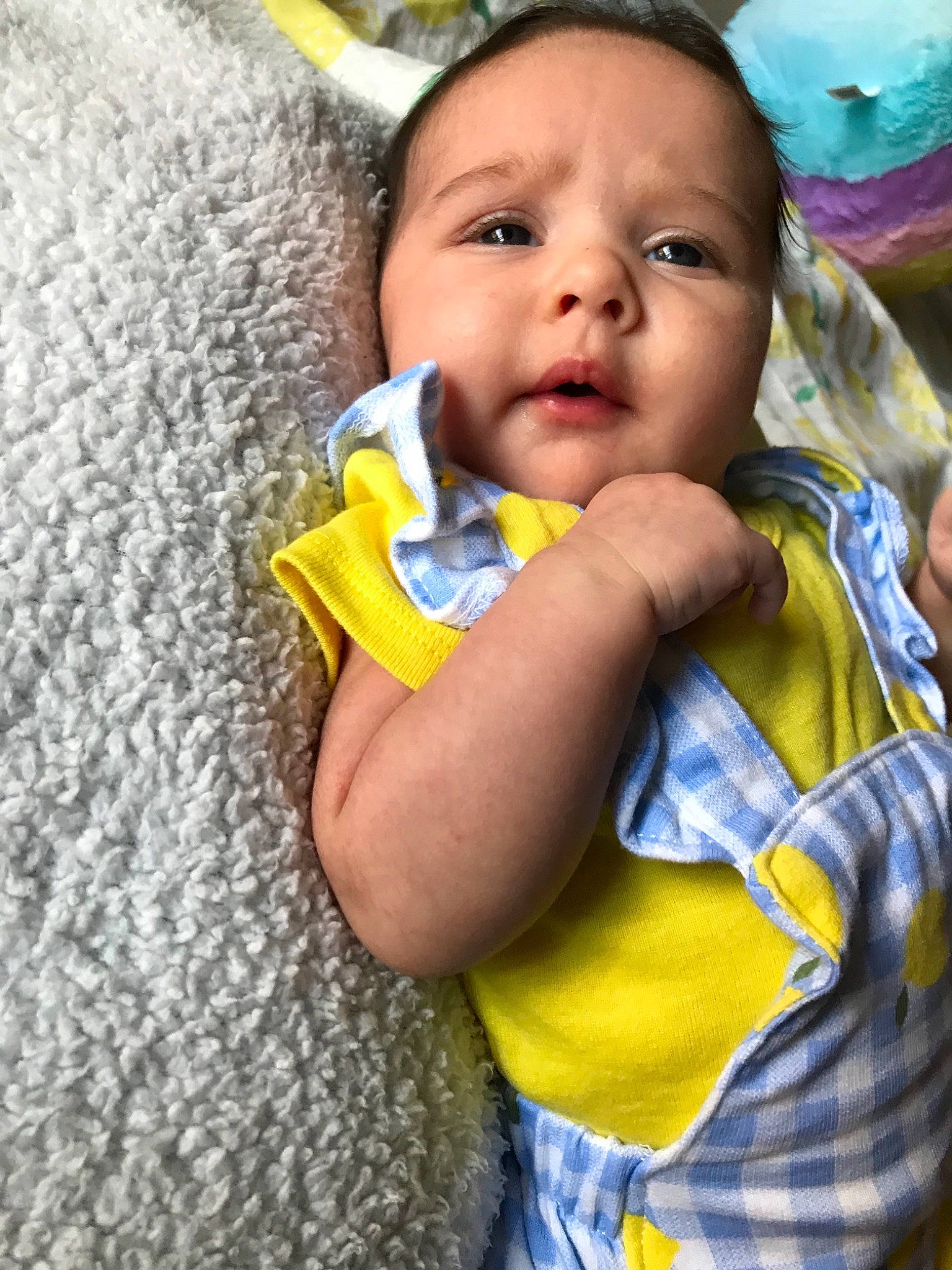 Sofia joined the competition — help win amazing prizes! baby, child, eye, fun, happy, mouth, nose, person, play, skin, smile, toddler, yellow