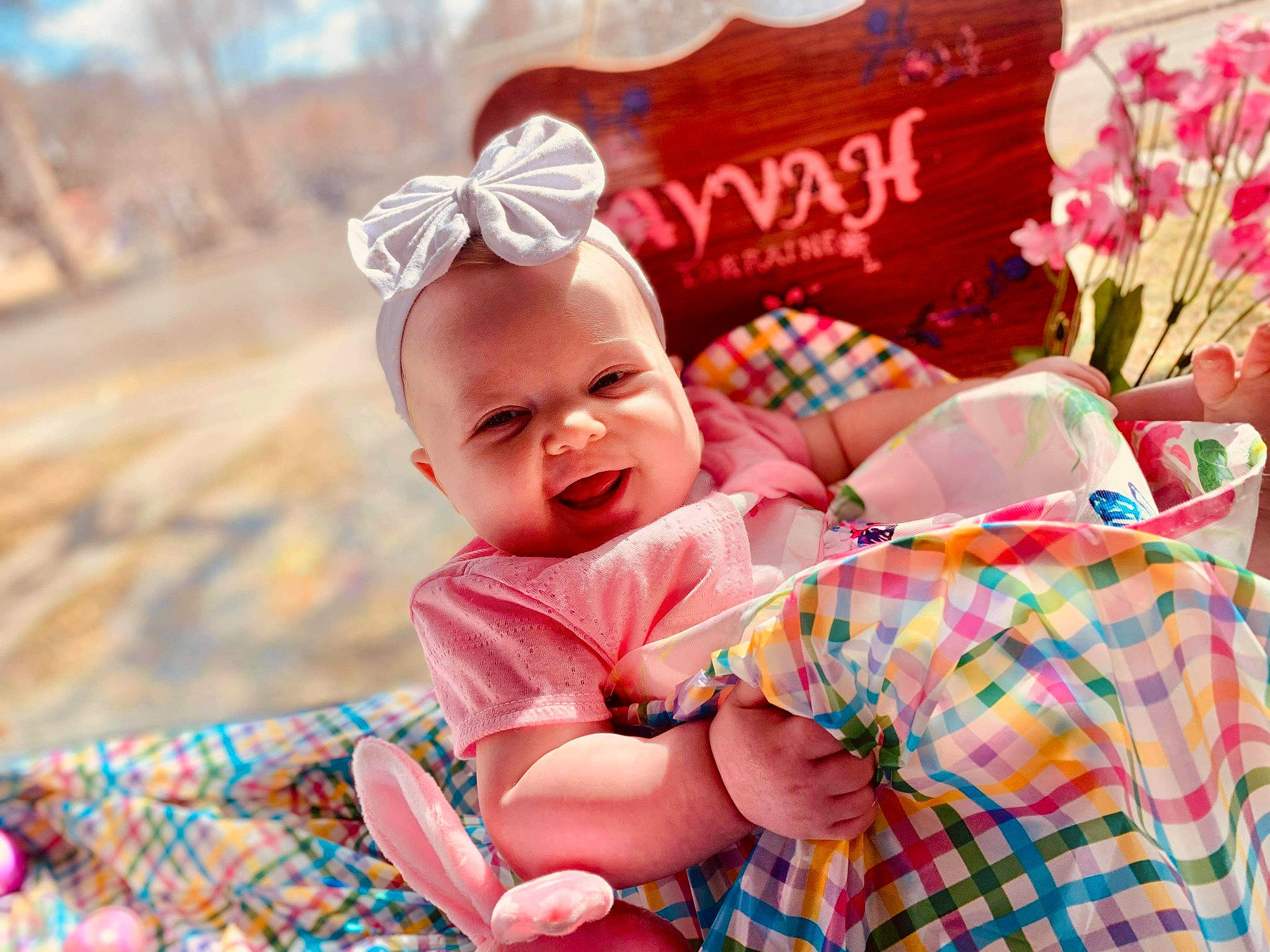 Ayvah joined the competition — help win amazing prizes! baby, baby_toddler_clothing, child, design, dress, fun, grass, happy, hat, headband, orange, pattern, peach, people_in_nature, person, pink, plaid, skin, sleeve, smile