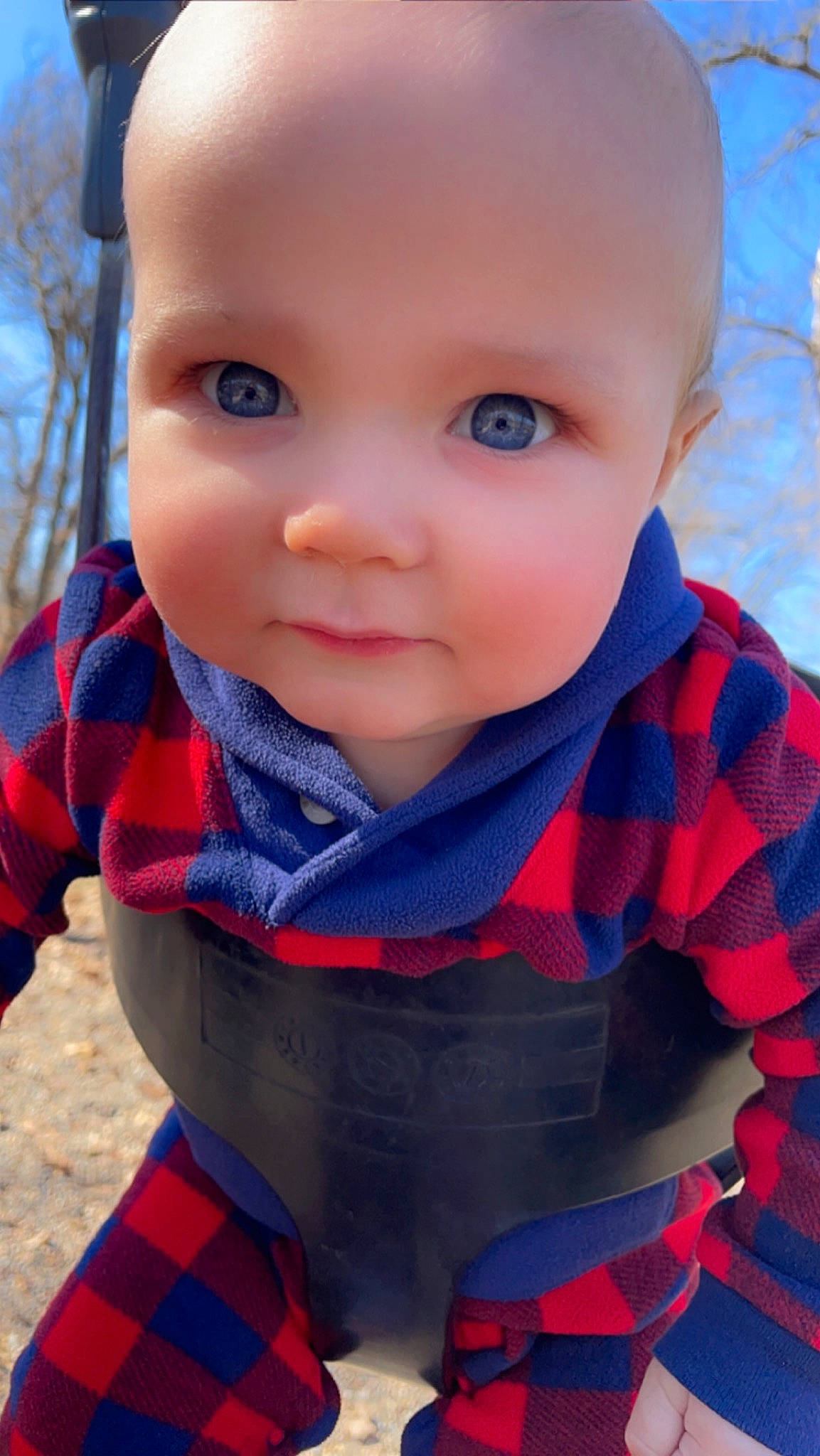 Henry joined the competition — help win amazing prizes! baby, baby_toddler_clothing, blue, cheek, child, cool, electric_blue, grass, happy, iris, lip, neck, nose, pattern, person, personal_protective_equipment, plaid, sitting, skin, sleeve