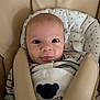 baby, infant, face, eyes, tongue, clothing, striped, bear, seat, cushion, child, cute, expression, indoors, safety_strap, smile, person, young, head, apparel