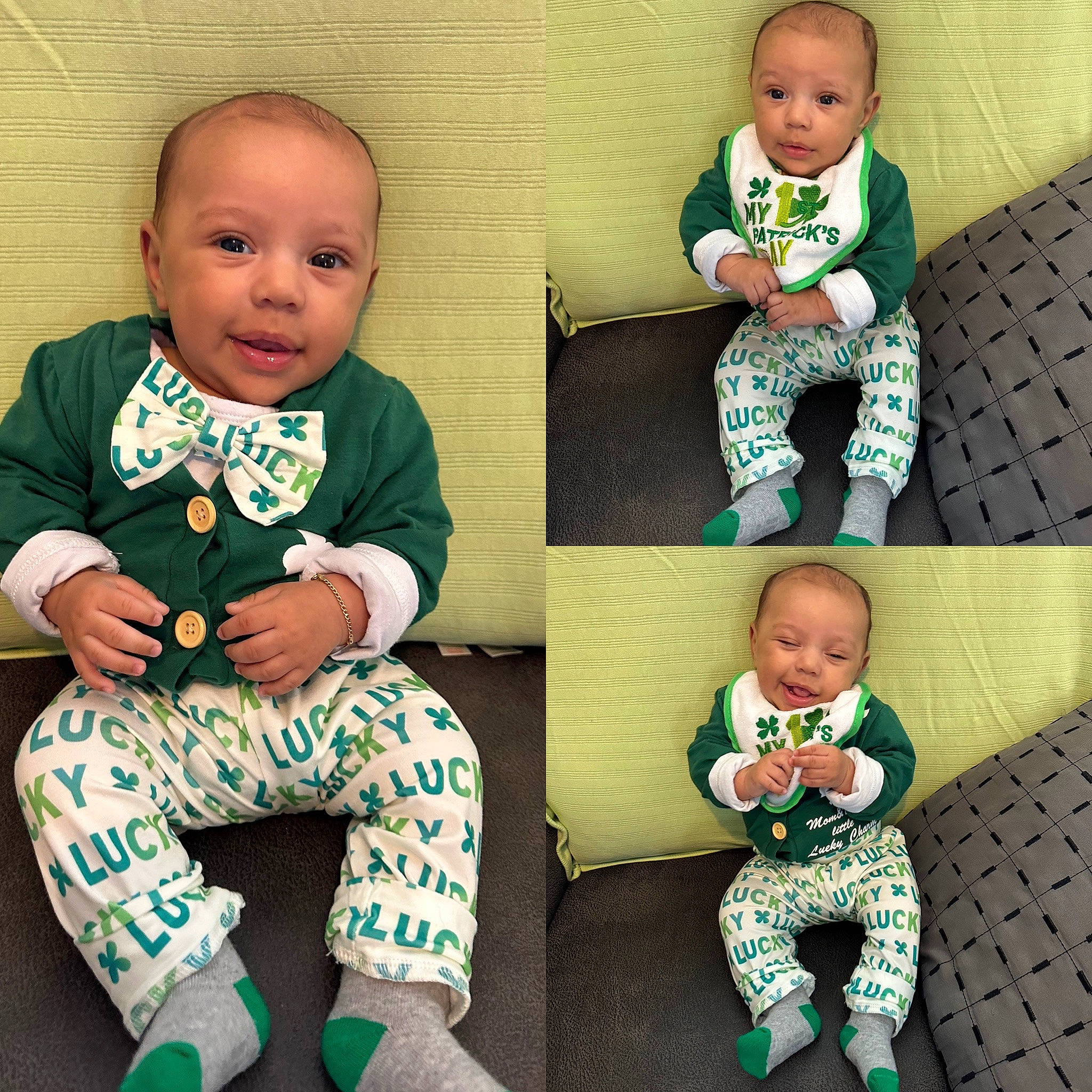 Julian is registered to the contest to win money with this photo: arm, baby, baby_toddler_clothing, cheek, clothing, eye, face, facial_expression, green, hairstyle, happy, head, human_body, organ, outerwear, person, photograph, product, sleeve, standing