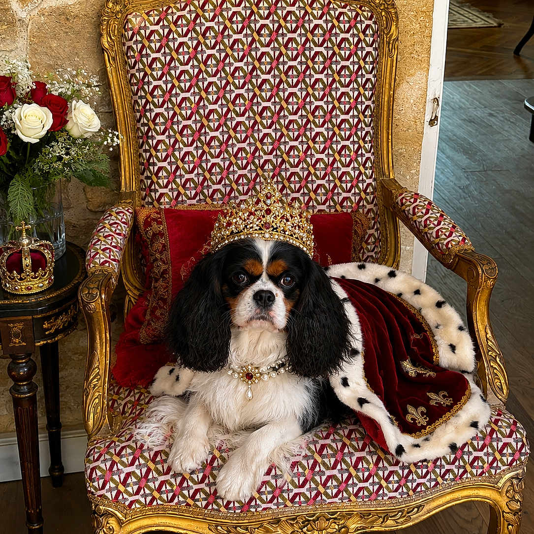 Tsuki a rejoint le concours — aidez-le/la à gagner de superbes lots ! dog, cavalier_king_charles_spaniel, pet, crown, royal, throne, ornate_chair, cape, necklace, jewelry, portrait, sitting, indoor, flowers, roses, furniture, golden, luxury, costume, palace
