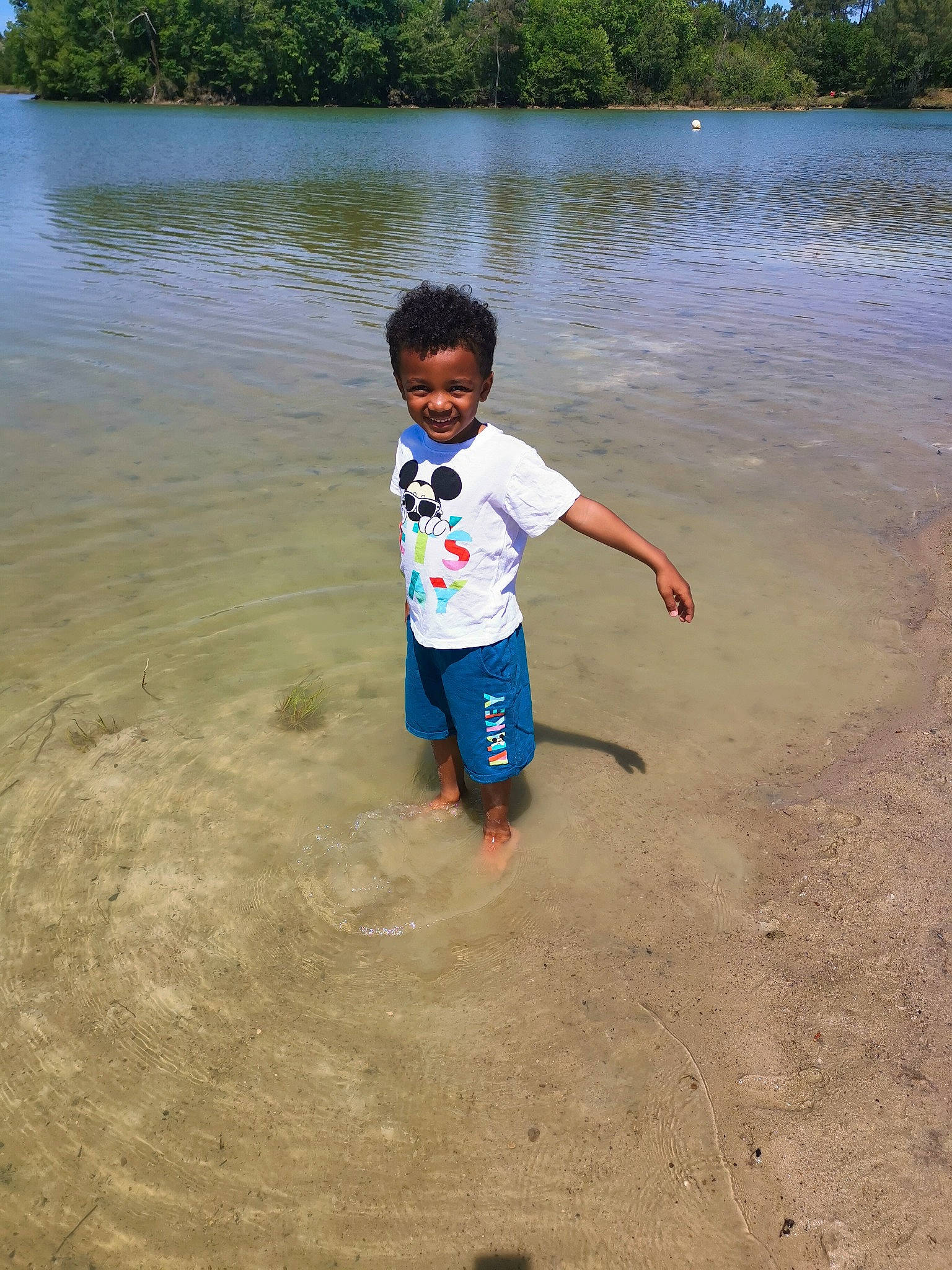 Tide-lèo participe au concours pour gagner de l'argent avec cette photo : bank, beach, body_of_water, coastal_and_oceanic_landforms, happy, joy, lake, leisure, people_in_nature, person, recreation, sand, shore, sky, smile, summer, t_shirt, toddler, tree, water