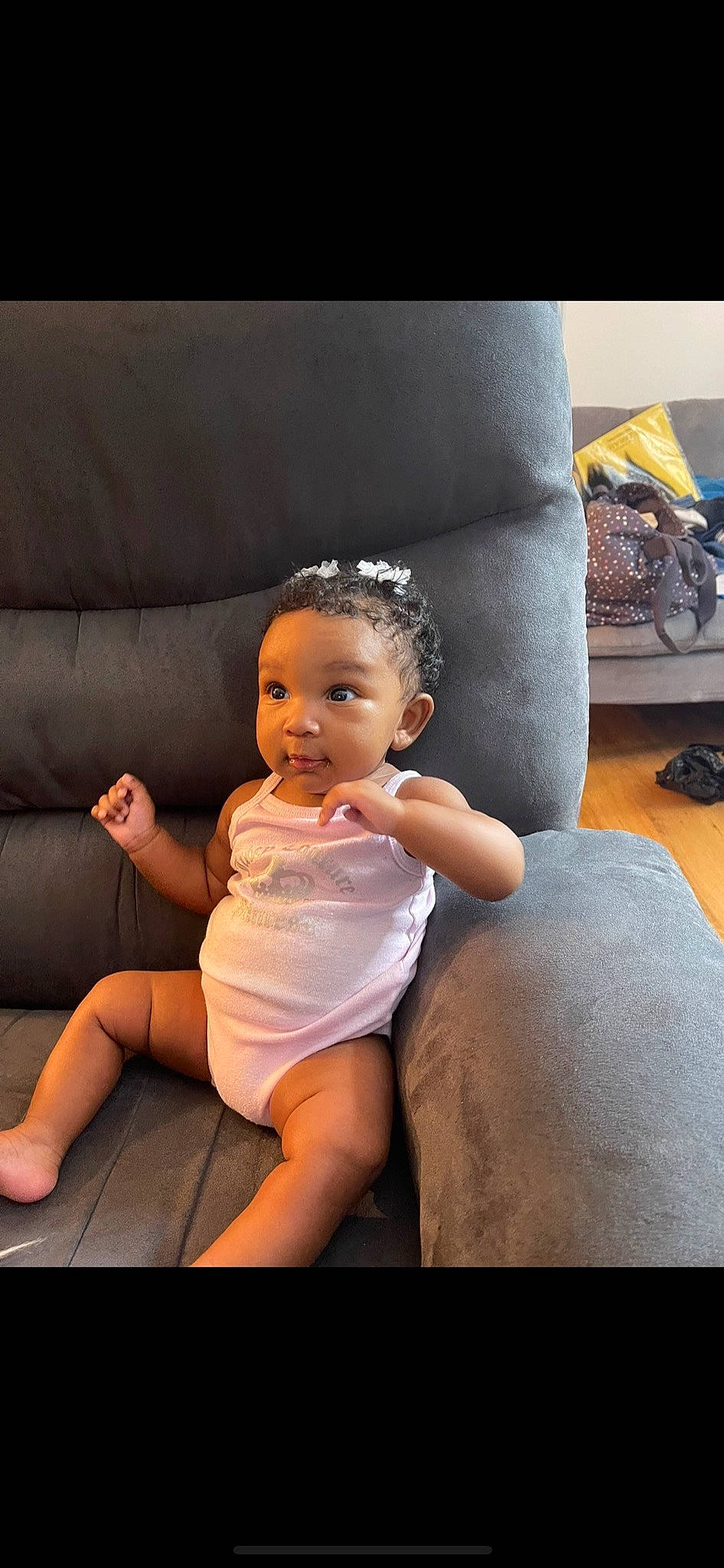 Demi joined the competition — help win amazing prizes! abdomen, baby, black_hair, chest, comfort, couch, dress, elbow, flash_photography, foot, hair, happy, human_body, human_leg, knee, person, textile, thigh, toddler, trunk