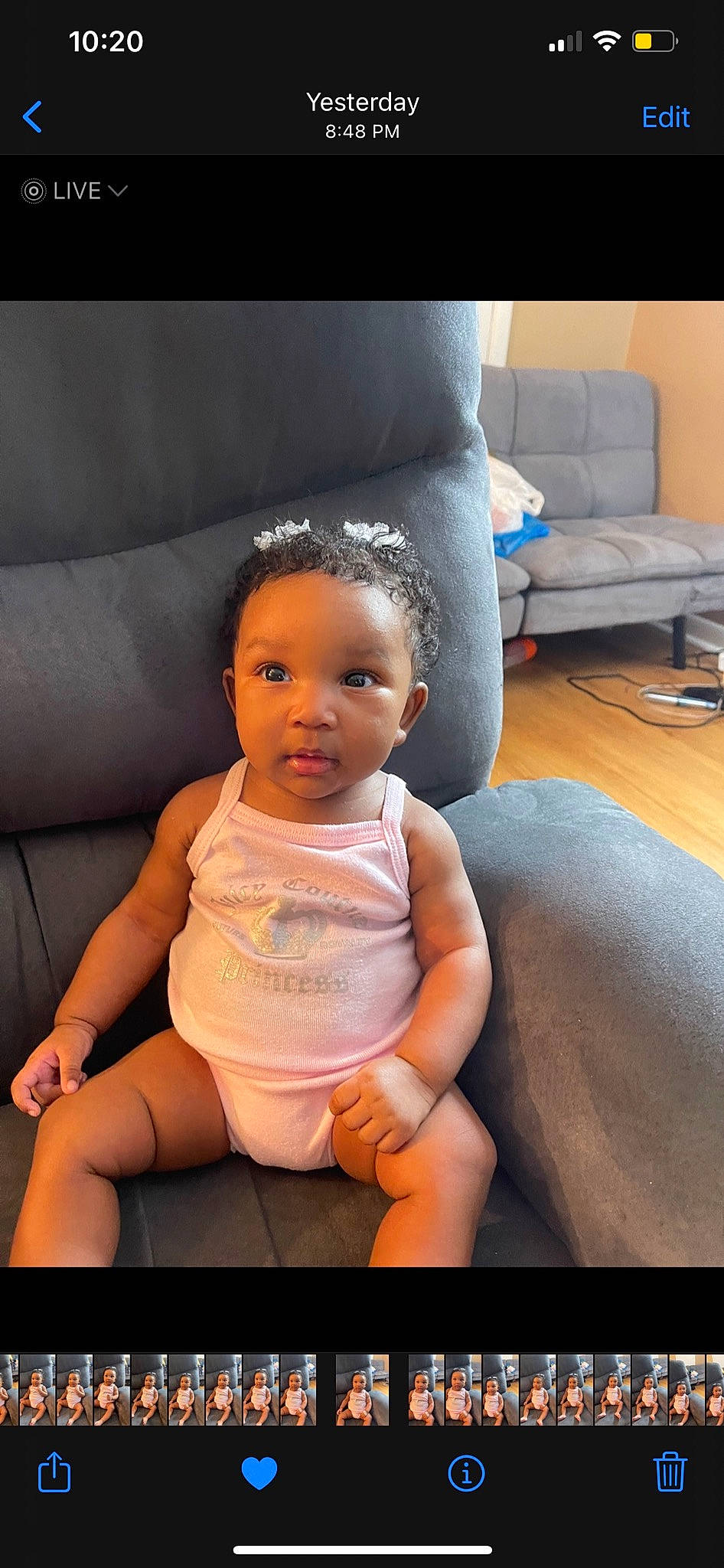 Demi is registered to the contest to win money with this photo: abdomen, baby, baby_toddler_clothing, barefoot, cheek, chest, comfort, couch, eye, flash_photography, head, human_body, human_leg, mouth, nail, person, textile, thigh, thumb, toddler