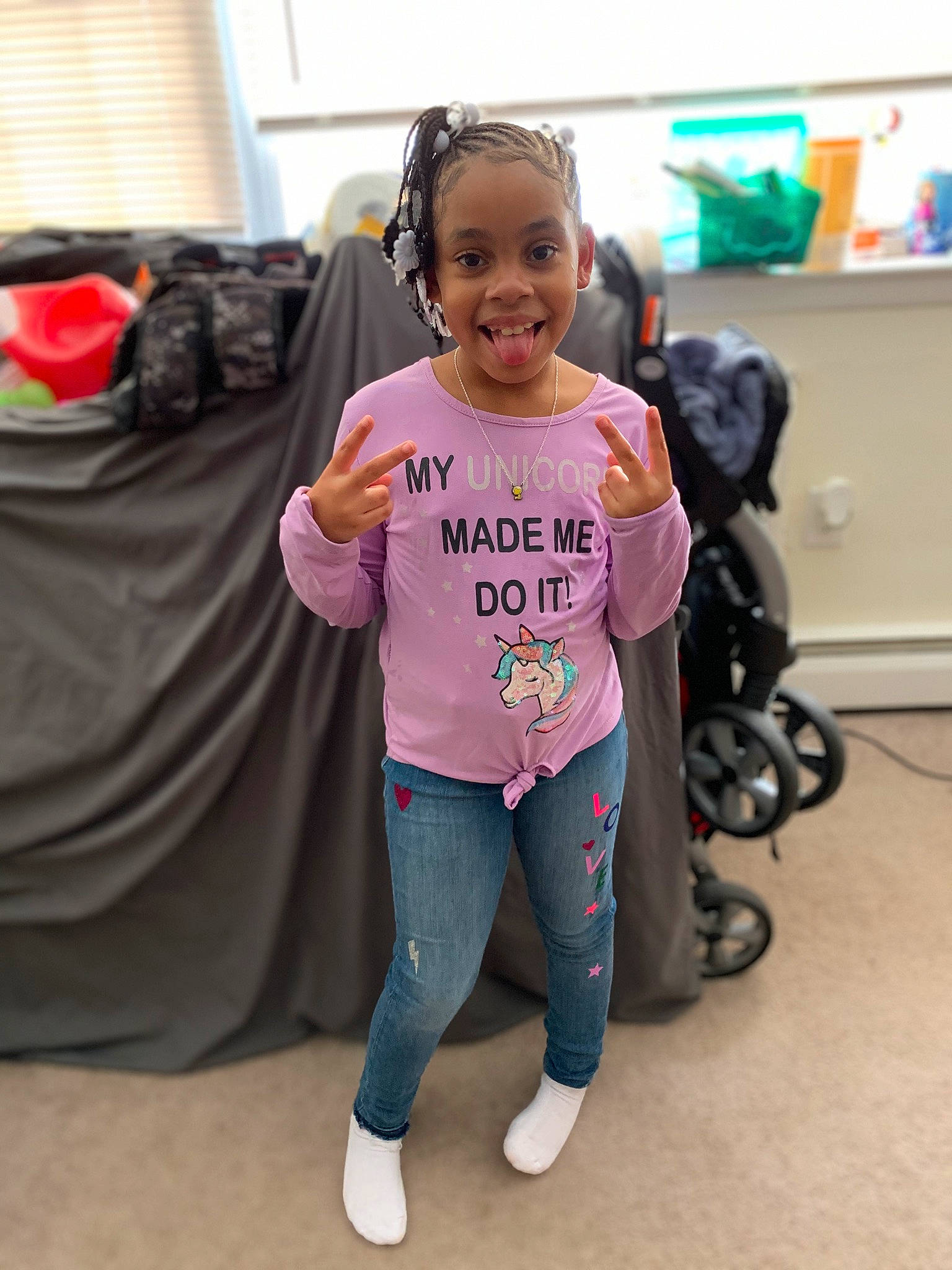 Faith joined the competition — help win amazing prizes! child, fashion, floor, flooring, fun, happy, head, human_body, joint, joy, magenta, people, person, pink, purple, shoulder, sleeve, smile, standing, t_shirt