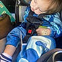 toddler, child, sleeping, car_seat, blue_clothing, sock, bandage, hand, seatbelt, safety, car_interior, peaceful, nap, young_child, cute, patterned_clothes, baby, resting, seat, closeup