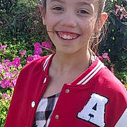 Lindsay participe au concours pour gagner de l'argent avec cette photo : child, girl, smile, outdoor, flowers, garden, red_jacket, letterman_jacket, long_hair, happy, nature, portrait, sunlight, casual_clothing, greenery, young_person, spring, daylight, cheerful, face