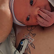 Evangeline joined the competition — help win amazing prizes! adult, baby, blanket, closeup, cute, face, hand, headwear, hospital, hospital_gown, human, infant, medical_sensor, newborn, newborn_baby, parent, person, resting, skin, tattoo