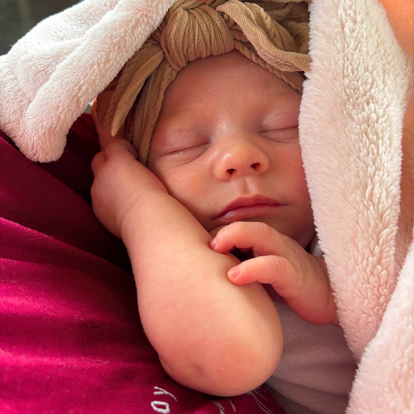 Evangeline joined the competition — help win amazing prizes! baby, blanket, child, closeup, comfort, cozy, cute, fabric, face, hand, headband, infant, newborn, peaceful, pink, portrait, resting, sleeping, soft, wrapped