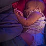 baby, sleeping, blanket, bed, infant, pillow, cozy, soft, child, rest, indoors, cute, peaceful, purple_light, blue_light, clothing, diaper, nap, toddler, comfort