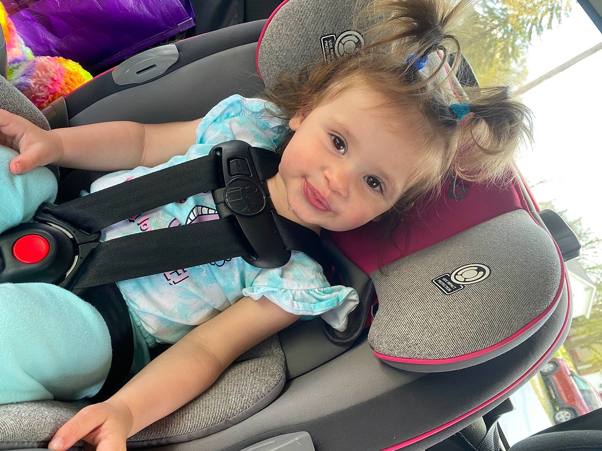 Mckenzie is registered to the contest to win money with this photo: auto_part, baby, baby_carriage, baby_in_car_seat, baby_products, baby_toddler_clothing, beauty, car_seat, child, comfort, fun, happy, human_body, lap, person, product, smile, steering_wheel, thigh, toddler