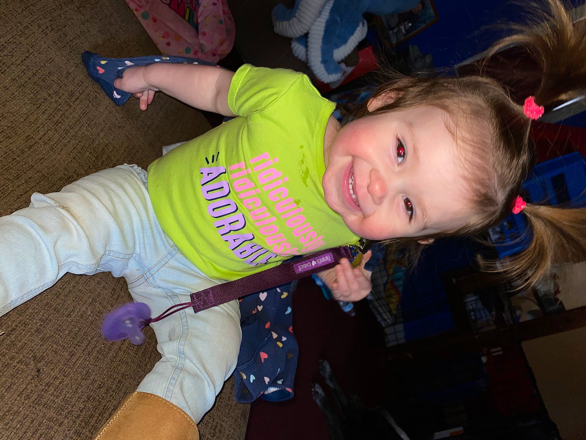 Mckenzie joined the competition — help win amazing prizes! baby_products, baby_toddler_clothing, cheek, child, electric_blue, fun, happy, joy, magenta, pattern, person, sleeve, smile, sock, t_shirt, thigh, toddler