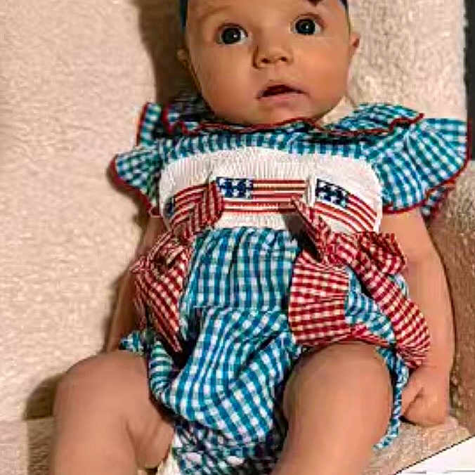Raelyn joined the competition — help win amazing prizes! baby, child, infant, blue_bow, red_white_blue, checkered_dress, sitting, blanket, cute, portrait, indoors, barefoot, headband, curious, young_child, soft_texture, smiling, one_person, clothing, baby_girl