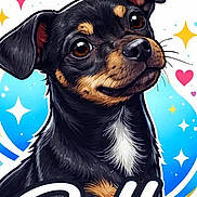 Bell is registered to the contest to win money with this photo: illustration, dog, cartoon, black_and_tan, smiling, cute, heart, star, colorful, digital_art, portrait, animal, friendly, happy, graphic, artwork, whiskers, ears, nose, text