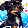 illustration, dog, cartoon, black_and_tan, smiling, cute, heart, star, colorful, digital_art, portrait, animal, friendly, happy, graphic, artwork, whiskers, ears, nose, text