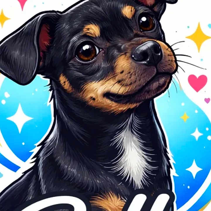 Bell is registered to the contest to win money with this photo: illustration, dog, cartoon, black_and_tan, smiling, cute, heart, star, colorful, digital_art, portrait, animal, friendly, happy, graphic, artwork, whiskers, ears, nose, text