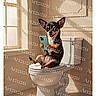 animal, bathroom, chihuahua, cute, digital_art, dog, floor, funny, humor, illustration, indoor, light, pet, shadow, sitting, small_dog, smartphone, toilet, wall, window