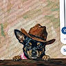 Bell joined the competition — help win amazing prizes! animal, art, background, colorful, cowboy_hat, cute, dog, ears, expression, eyes, face, fur, illustration, painting, paws, pet, portrait, small_dog, whiskers, wood